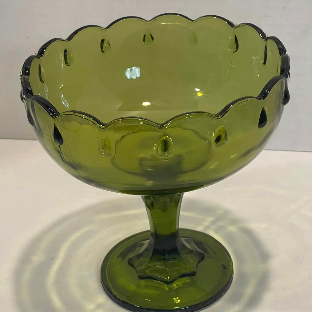 Indiana Glass "Teardrop Pattern" Scalloped Rim Frosted Green Footed Bowl Vintage